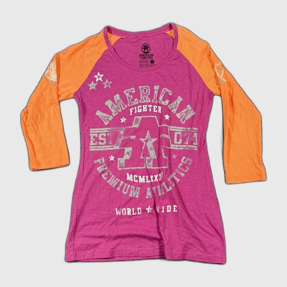 American Fighter Yale Women'S 3/4 Raglan Graphic T-Shirt Pink Orange Small NWT